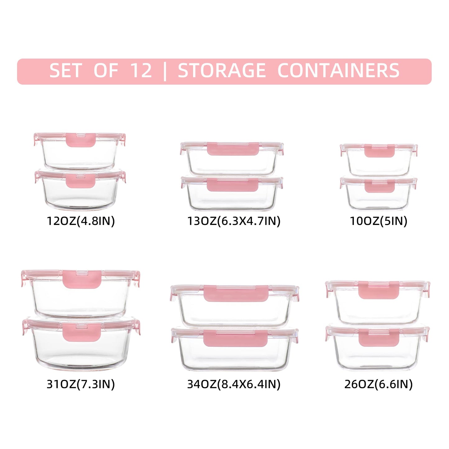 12 Pack Glass Storage Containers with Lids, Leak-Proof Meal Prep Containers, Dishwasher/Microwave/Oven/Freezer Safe Glass Food Storage Containers for Leftovers, to Go
