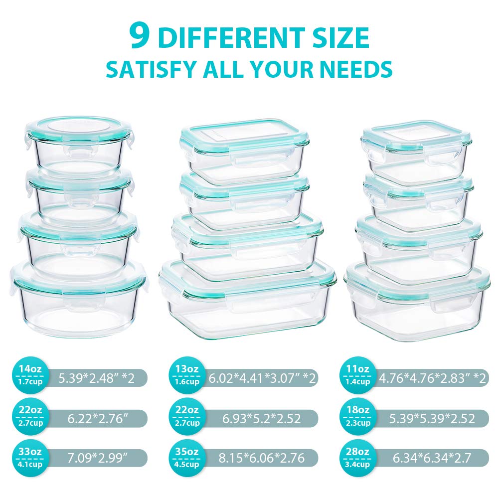 Bayco Glass Food Storage Containers with Lids, [24 Piece] Meal Prep, Airtight Bento Boxes, BPA Free & Leak Proof (12 lids & 12 Containers) - Blue